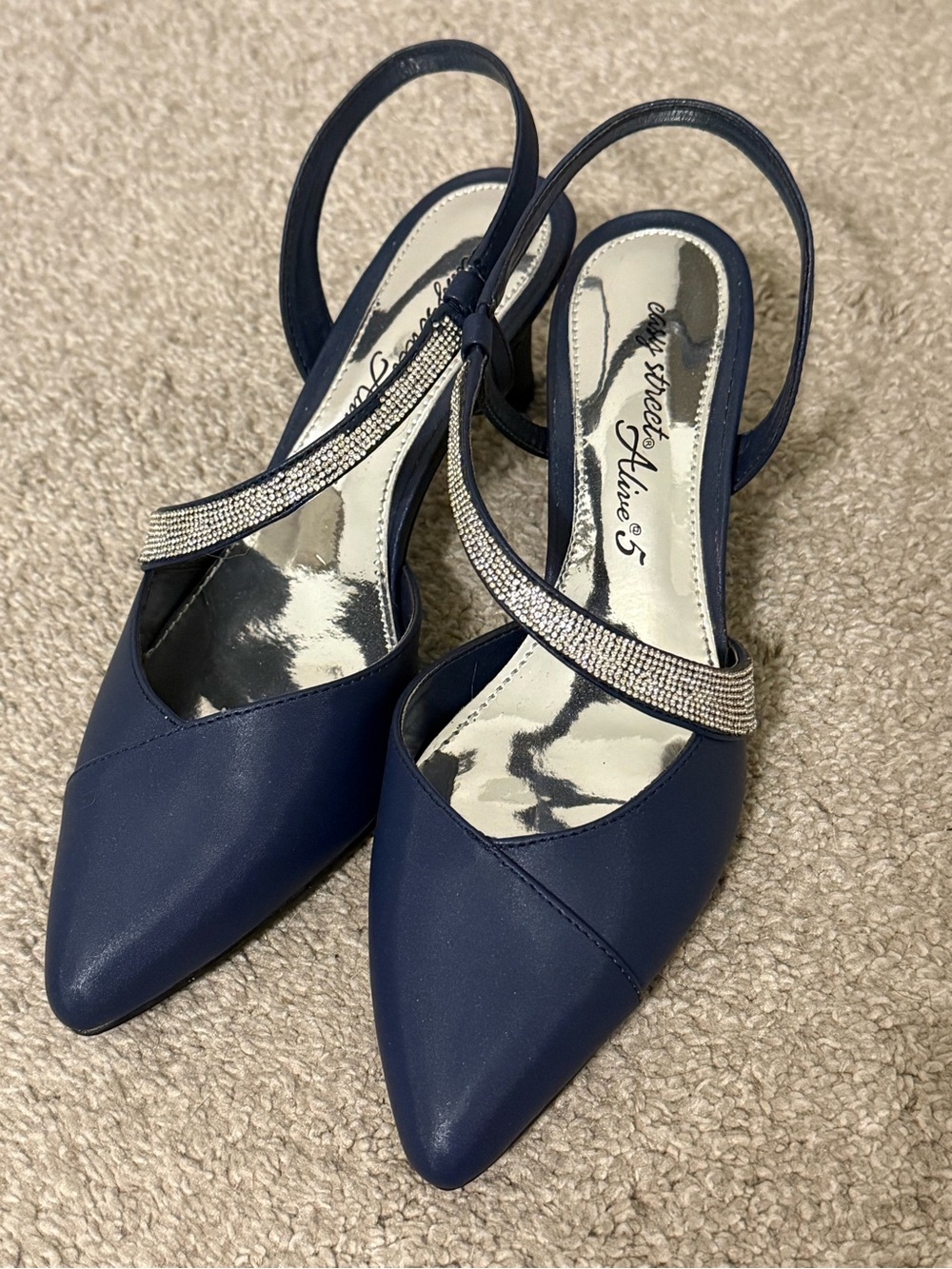 easy street Navy Pointed Slingback Heels with Rhinestone Strap